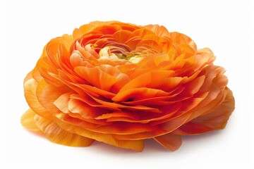 A lush ranunculus with tightly packed, ruffled petals in a bright orange hue isolated on a white background