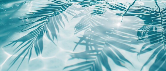 Wall Mural - Elegant minimalist background concept featuring close-up water surface with gentle ripples and subtle blurred palm leaf shadows on the beach, evoking a peaceful, natural and pure atmosphere.