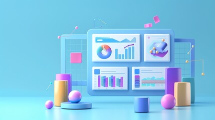 Poster - 3D illustration of data analytics dashboard with charts and graphs, concept of business intelligence, data analysis, and digital marketing