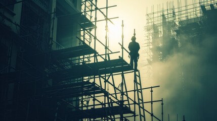Poster - A man is standing on scaffolding in front of a building