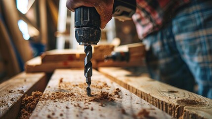 Poster - A man is using a drill to make a hole in a piece of wood