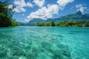 Wall Mural - Crystal-clear turquoise lagoon surrounded by lush tropical islands in Bora Bora