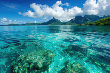 Wall Mural - Crystal-clear turquoise lagoon surrounded by lush tropical islands in Bora Bora