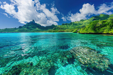 Wall Mural - Crystal-clear turquoise lagoon surrounded by lush tropical islands in Bora Bora