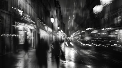 Wall Mural - Street lamps and car headlights create a mesmerizing blur on the busy street. Black and white art