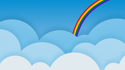 Poster - Pride flag rainbow in a blue sky with big light blue layered flat cartoon style clouds with color gradient to white. Abstract cloudy heaven illustration background. 
