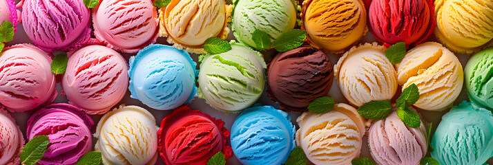 Assorted of scoops ice cream. Colorful set of ice cream of different flavours. Top view of ice cream isolated with mint, sauce