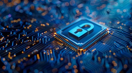 Poster - The image depicts cybersecurity, featuring an open padlock symbol integrated into a microchip circuit board