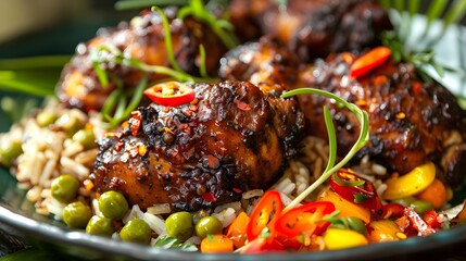 Mouthwatering Jamaican Jerk Chicken with Aromatic Rice and Peas on Lush Tropical Backdrop