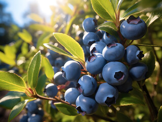 Wall Mural - Close up of blueberry bush with ripe berries, outdoor with natural sunlight, blurred background