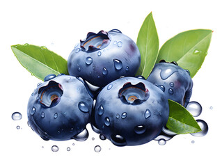 Close up illustration of blueberries with water droplets, white background 