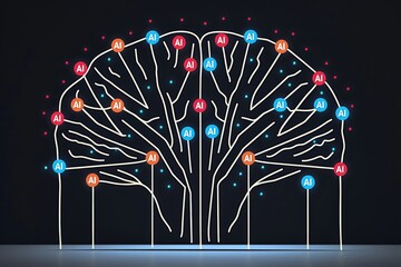 Canvas Print - Neural Network Tree Illustration with a Black Background and Blue, Red, and White Connecting Nodes