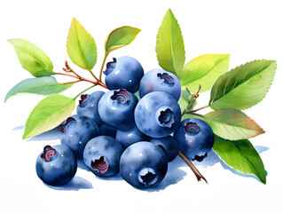 Wall Mural - Watercolor illustration of a ripe blueberries with green leaves on a white background