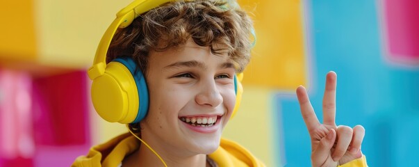 Wall Mural - Young boy wearing yellow headphones and winter clothes, pointing and looking serious.