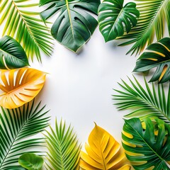 Creative layout made of colorful tropical leaves on white background. Minimal summer exotic concept with copy space. Border arrangement.