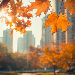 Wall Mural - Autumn leaf fall on the background of the urban landscape