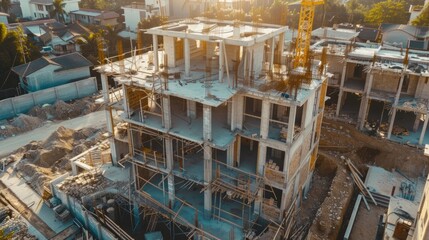 Poster - A construction site with a large building in the background