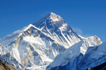 Snow-covered summit of Mount Everest, with a clear, blue sky backdrop