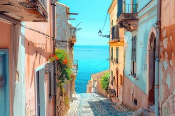 Wall Mural - A beautiful Mediterranean cityscape with narrow cobblestone streets winding through pastel-colored buildings.