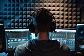 Professional voiceover artist readies in acoustically treated studio for top quality dubbing