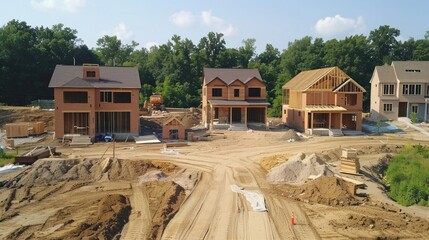 Poster - A construction site with three houses in the background