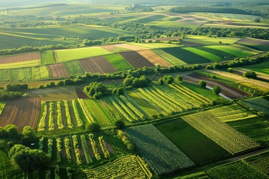 sweeping aerial view of patchwork farmland geometric patterns of crops in various stages of growth golden sunlight highlights textures and colors captures essence of agricultural landscape