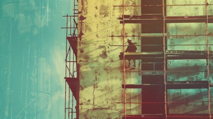 Wall Mural - A man is working on a building with scaffolding