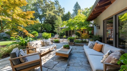 Poster - A large patio with a wooden table and chairs, and a couch