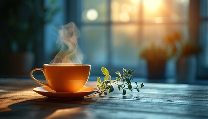 Wall Mural - A modern steamed coffee cup stands on the table in front of the window in the coffee shop