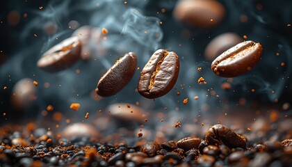 Wall Mural - Roasted coffee beans with smoke fly up in height on a dark background