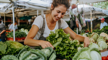 Caucasian woman with a joyful expression is selecting fresh green vegetables at a farmers market. She is surrounded by various produce and other shoppers, enjoying the lively atmosphere