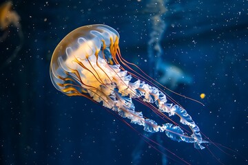 The ethereal beauty of a radiant jellyfish floating gracefully in deep blue waters