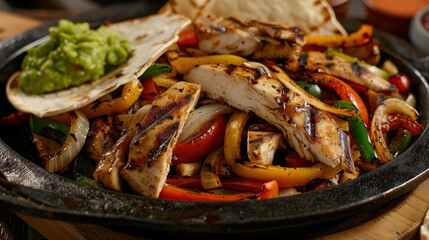 Wall Mural -  sizzling fajita skillet, filled with grilled chicken, bell peppers, onions, and served with tortillas and toppings