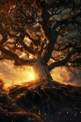 Wall Mural - Magical tree with roots and sunset for fantasy or nature themed designs