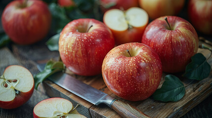 Wall Mural - Fresh apples cut with a knife