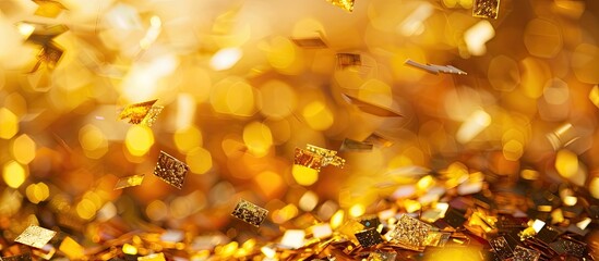 Wall Mural - Close-up view of numerous golden confetti pieces with space for text or graphics, in the background. Copy space image. Place for adding text and design