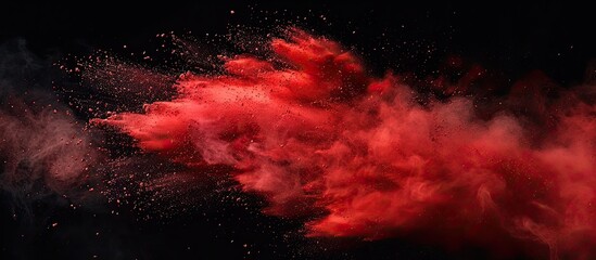 Poster - Capture the stillness of a vivid red powder burst against a black backdrop in an abstract display of a crimson dust cloud with particles spreading out, ideal as a copy space image.