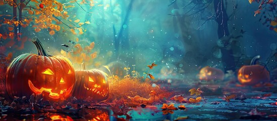 Poster - Gathering pumpkins for Halloween, vibrant and beautiful, creating a picturesque scene with a copy space image.