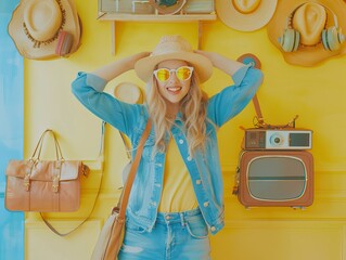 Fashionable female in casual denim attire posing against a vibrant yellow wall with retro items