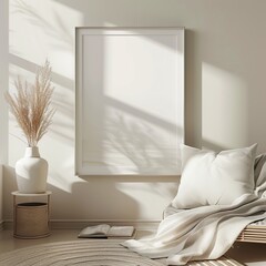 Poster - A serene minimalist interior scene featuring a framed artwork, pampas grass in a vase, and cozy bedding elements