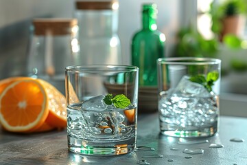 Wall Mural - Two glasses of water with ice cubes and a slice of orange on a counter
