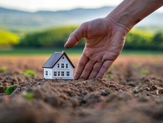 Conceptual image of a hand placing a small house model on rich soil