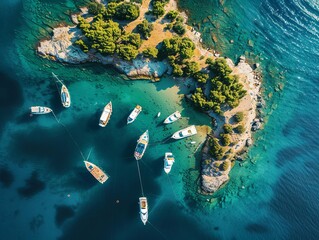 Wall Mural - Crystal-clear waters surround a lush green island with yachts anchored nearby, captured from above