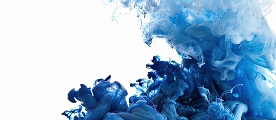 Poster - Blue and black ink swirling underwater, creating a colored abstract smoke explosion effect on a white background with copy space image.