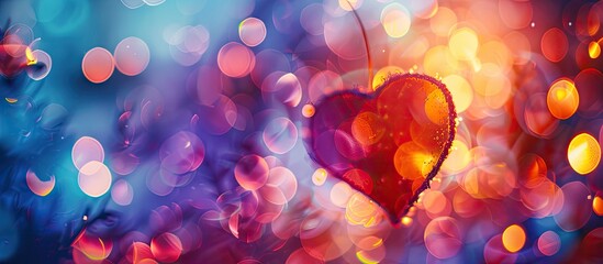 Fototapete - Colorful bokeh lights form a soft heart shape in a white frame, providing a romantic copy space image for Valentine's sales advertising banners.