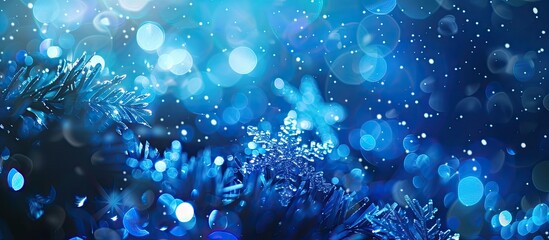Wall Mural - Background with blue bokeh and snowflake droplets, ideal for New Year and Christmas themes, featuring copy space image.