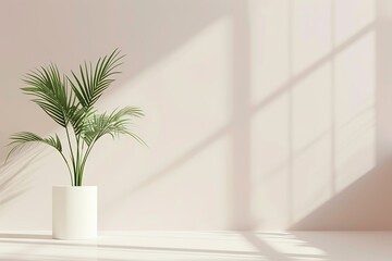 Canvas Print - A simple and stylish interior with a green potted palm plant casting a soft shadow