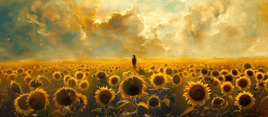 Wall Mural - An expansive field of sunflowers, with ample copy space image.
