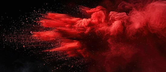 Poster - Capture the stillness of a vivid red powder burst against a black backdrop in an abstract display of a crimson dust cloud with particles spreading out, ideal as a copy space image.