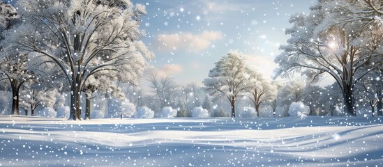 Poster - Snow-covered lawn with trees, blanketed in snowflakes on a frosty winter day, creates a serene copy space image.